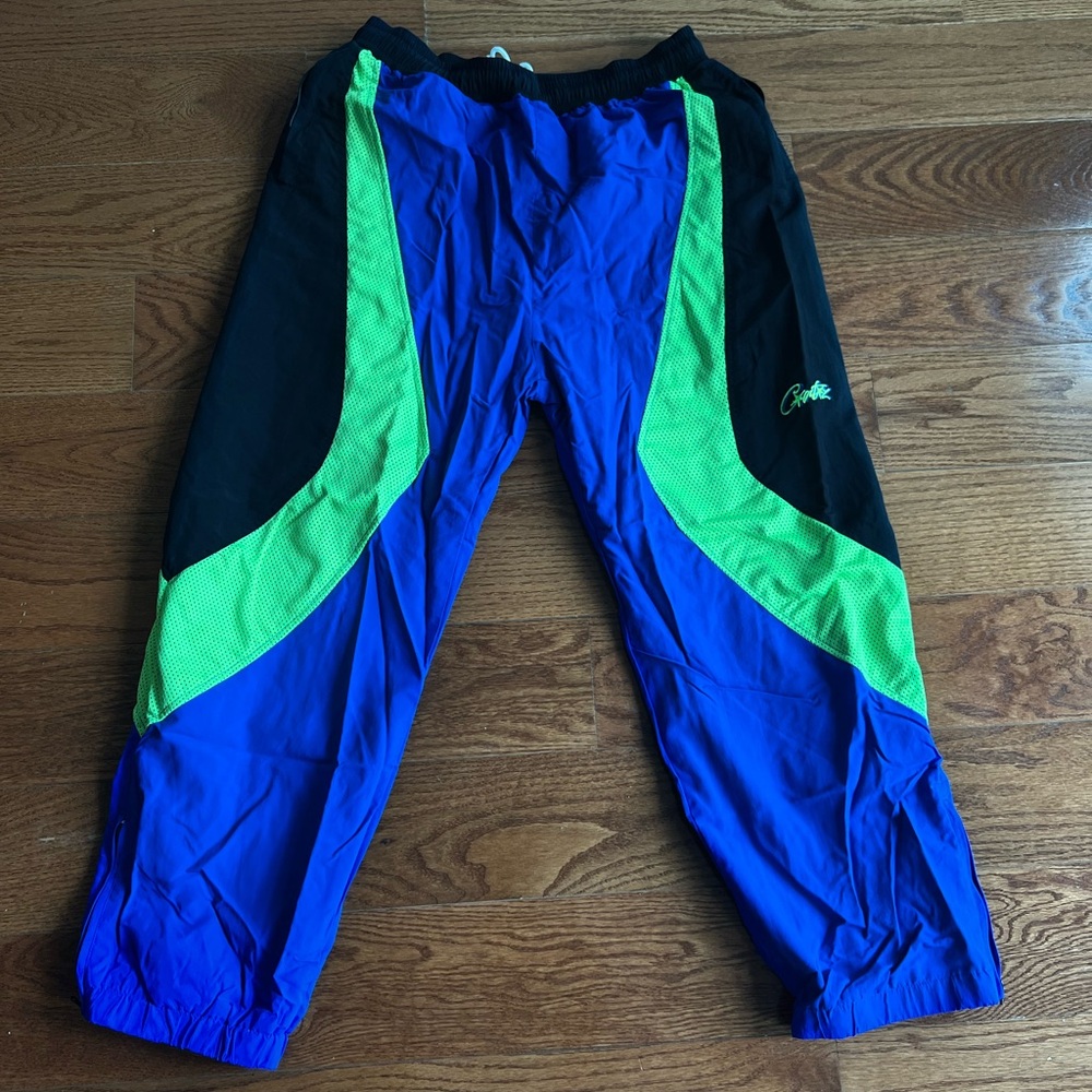 Corteiz Blue and Black Athletic Pants with Neon Green Accents